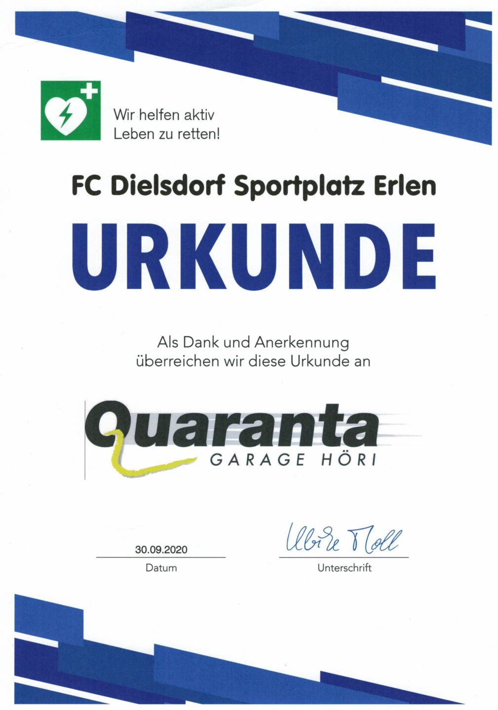 Garage Quaranta AG Sponsoring FC Dielsdorf